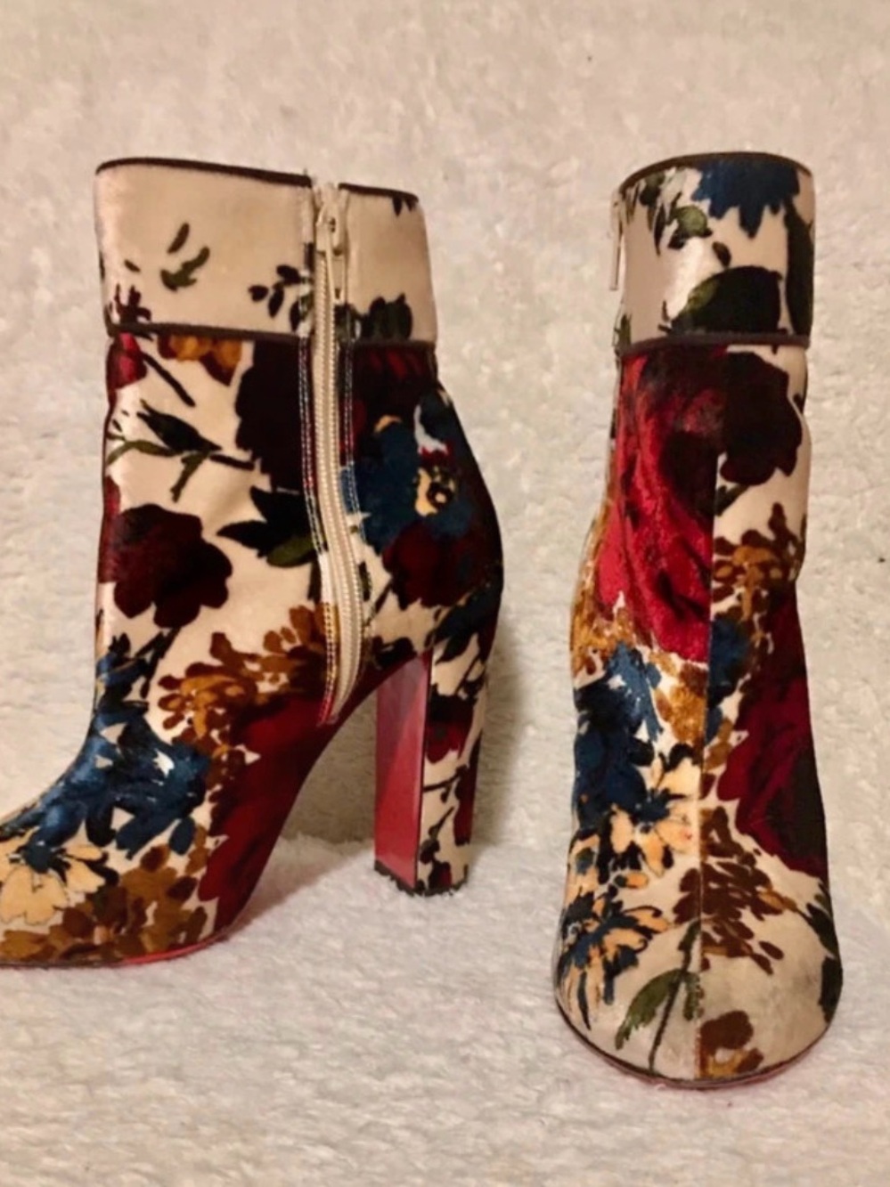 Christian Louboutin Cream Floral Velvet Ankle Boots with Red Soles